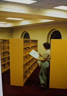 Person reading a book in between bookcases in a library