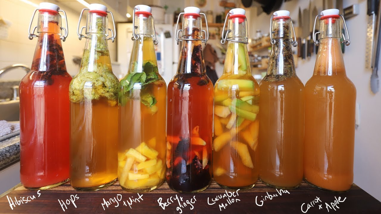 Different flavors of Kombucha in glass bottles