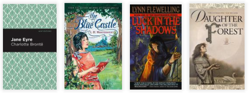 Book covers for Jane Eyre, The Blue Castle, Luck in the Shadows, and Daughter of the Forest