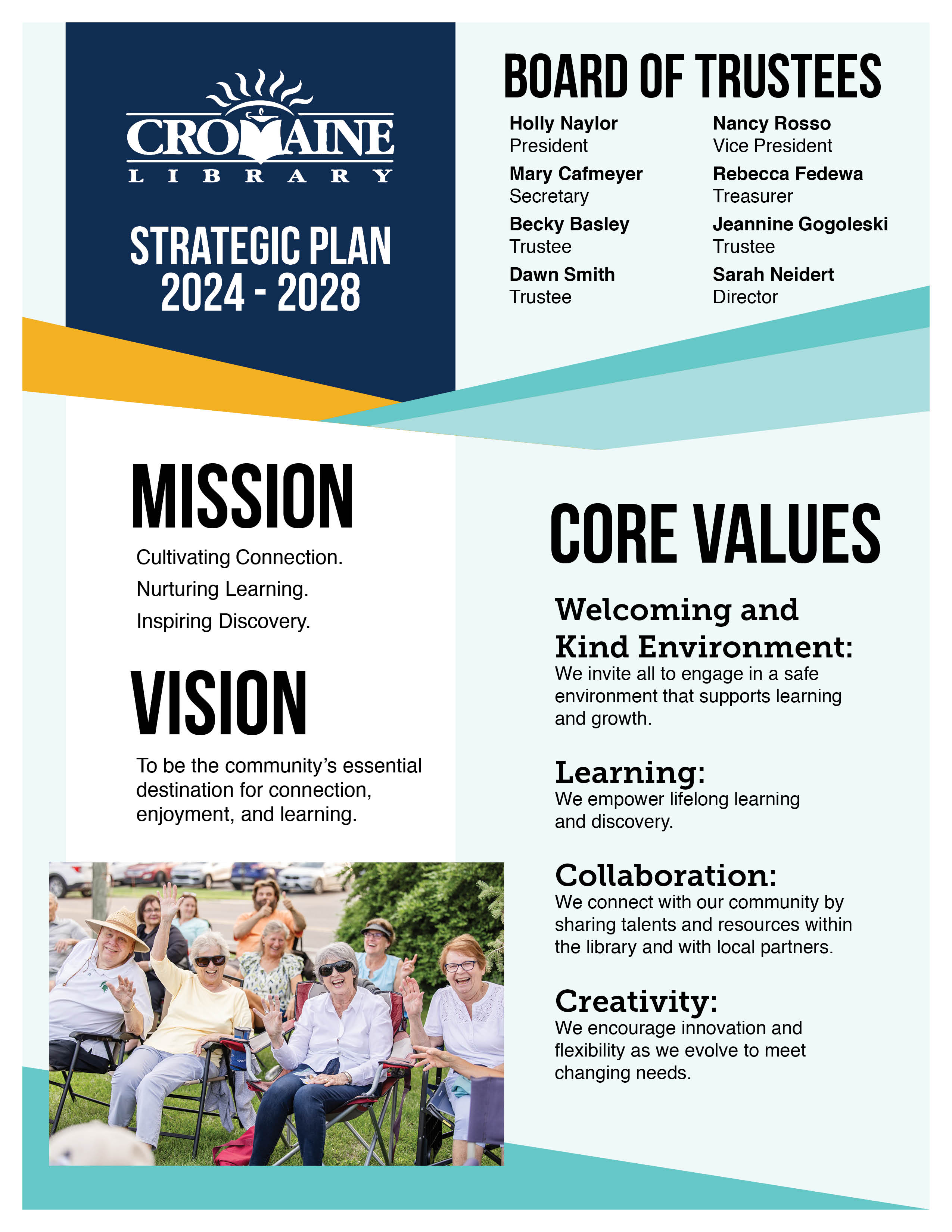 Image of the strategic plan document, with text describing the mission, vision and core values