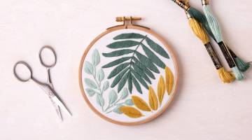 Embroidered leaves, with embroidery thread and a pair of scissors. 