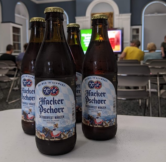 Bottles of Hacker-Pschorr Marzen in the Community Room. 