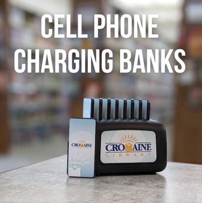 A box of cell phone charging banks on the first floor of the Library. 