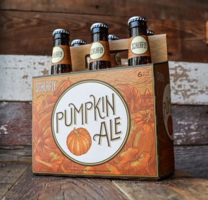 A sixpack of Schlafly Pumpkin Ale bottles. 