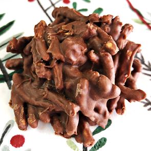 No-bake chow mein cookie on a holiday-patterned tablecloth. 