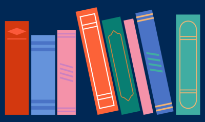 Row of multicolored book spines on a navy blue background