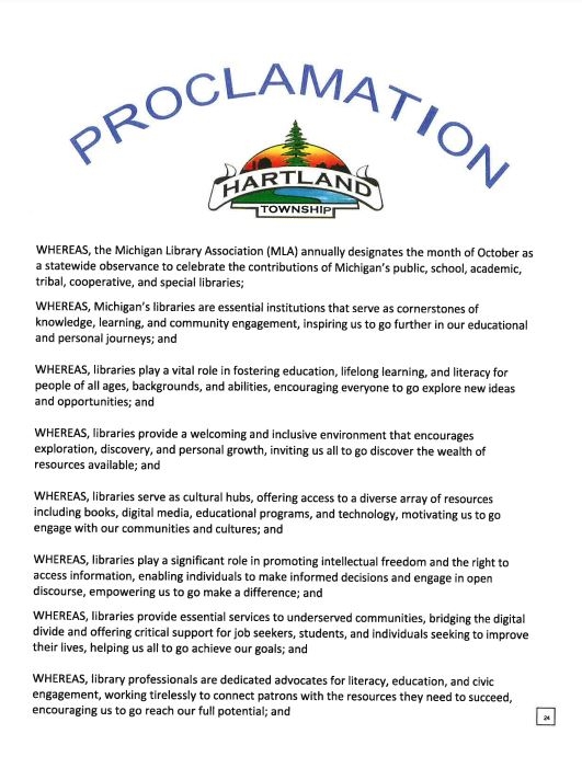 Image of Proclamation by Hartland Township declaring October Library Appreciation Month