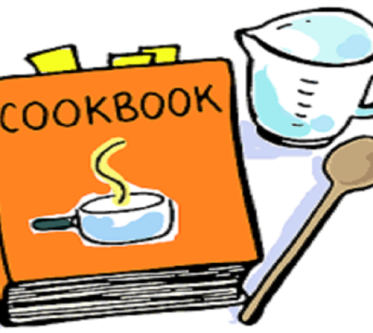 A graphic of an orange cookbook with a measuring cup and a wooden spoon. 