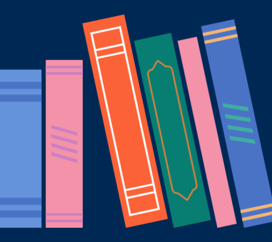 Row of multicolored book spines on a navy blue background