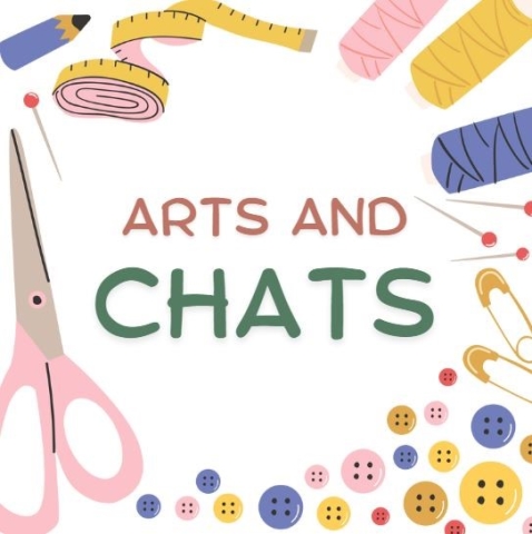 "Arts and Chats" surrounded by a border of craft supplies