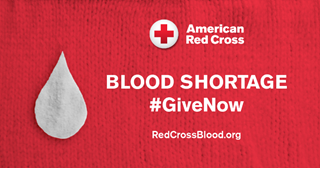 Logo of the American Red Cross, encouraging community members to give blood now due to a blood shortage.