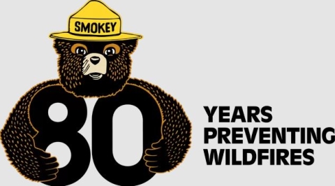 Smokey Bear graphic with text: "80 years preventing wildfires". 