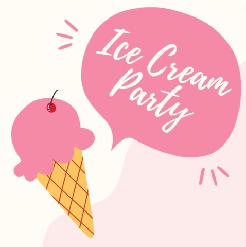 An ice cream cone graphic with "Ice Cream Party" in a dialogue bubble. 