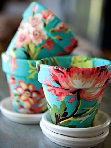 Floral, decoupaged terra cotta pots. 