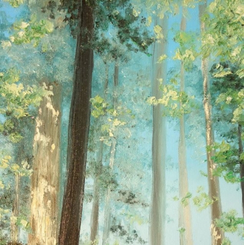 A painting of trees, with the sky in the background. 