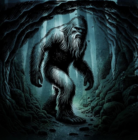 A graphic of Bigfoot in the woods. 