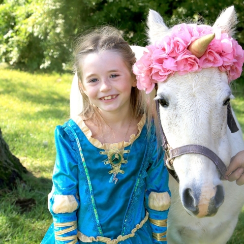 Little girl in a blue princess dress, next to a white unicorn with a pink flower crown. 