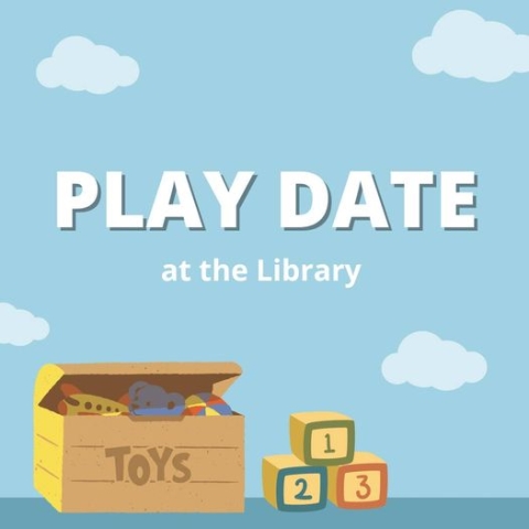 Text 'Playdate at the Library' over a graphic of a playroom with blocks and a toy chest. 