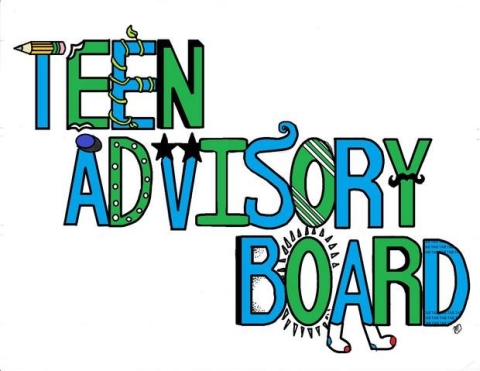 Graphic lettering for 'Teen Advisory Board', in light blue and green. 