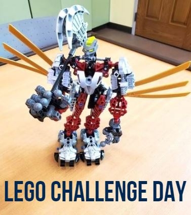 A lego craft in the Youth Program Room with lettering beneath that reads "Lego Challenge Day". 