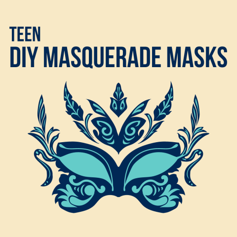 The text 'Teen DIY Masquerade Masks' over a mask graphic in Cromaine's blue and teal. 