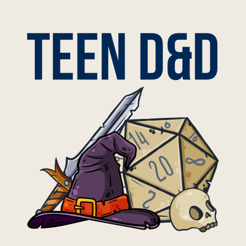 Text "Teen D&D" over a graphic image of a purple wizard's hat, a sword, a die, and a tiny skull. 