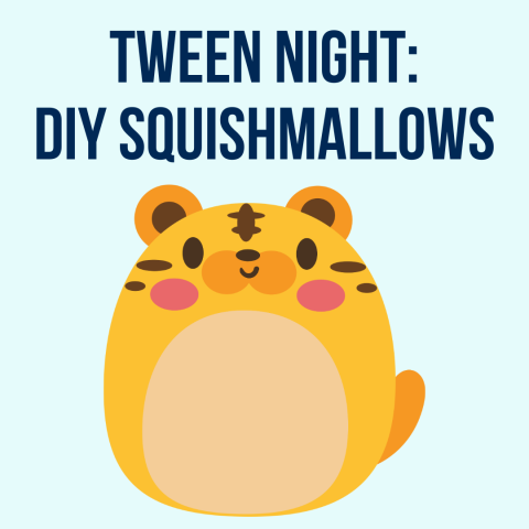 Text "Tween Night: DIY Squishmallows" over a graphic of an orange squishmallow. 