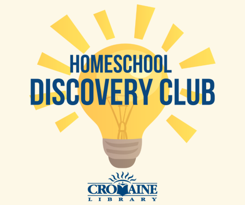 Text "Homeschool Discovery Club" in front of a shining light bulb with the Cromaine logo beneath. 