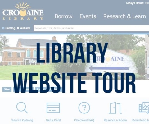 Text "Library Website Tour" over a transparent image of the homepage of Cromaine's website. 