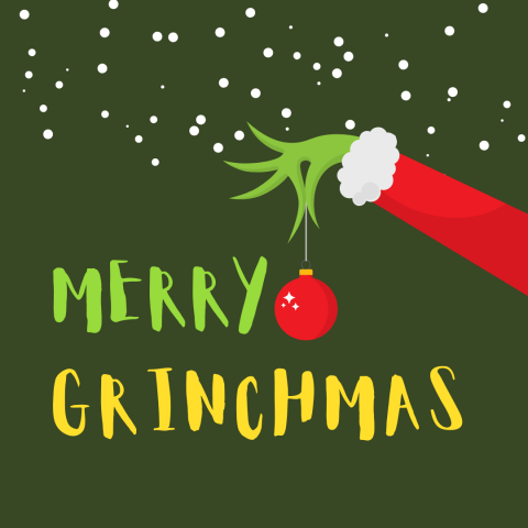 "Merry Grinchmas" text with a Grinch arm extended, holding a red holiday ornament. 