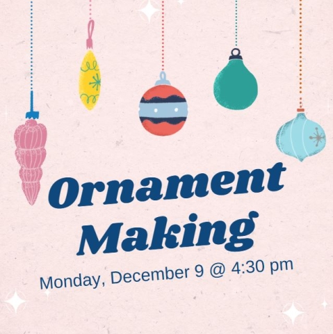 Graphic of ornaments hanging from a pink background. 