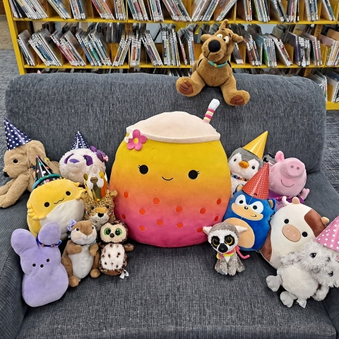 A variety of stuffies crowded together on an armchair in the Youth department. 