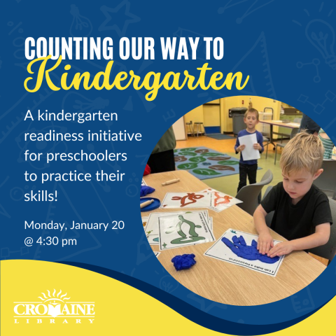 A graphic ad featuring a pre-K patron in the Youth Program Room, seated at a table interacting with a 3-D dinosaur activity. 