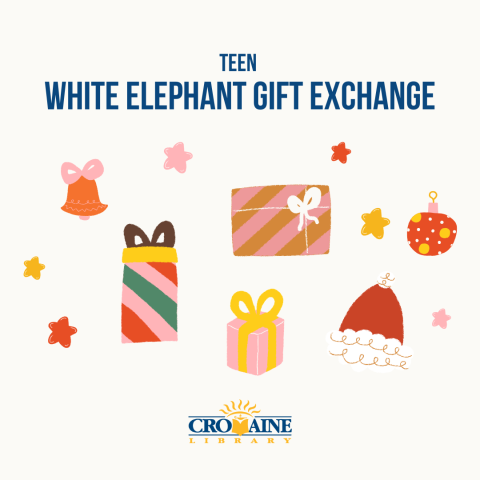 Program graphic featuring wrapped presents in various shapes, sizes, and colors. 