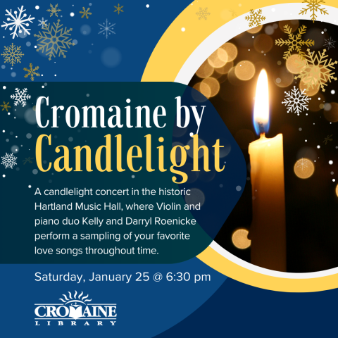 Cromaine by Candlelight program graphic featuring a lit candle and gold/white snowflakes