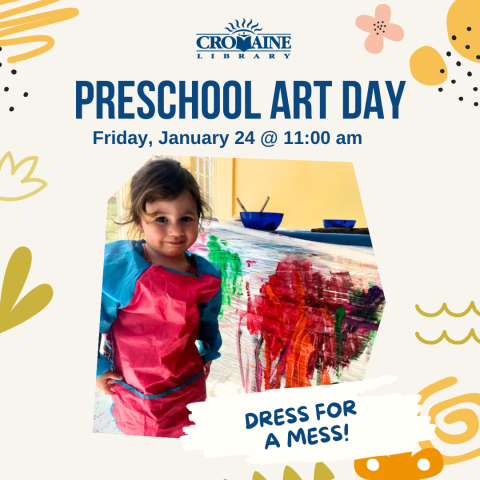 A program graphic featuring a child in a pink and blue smock, posing next to a colorful, abstract painted masterpiece. 