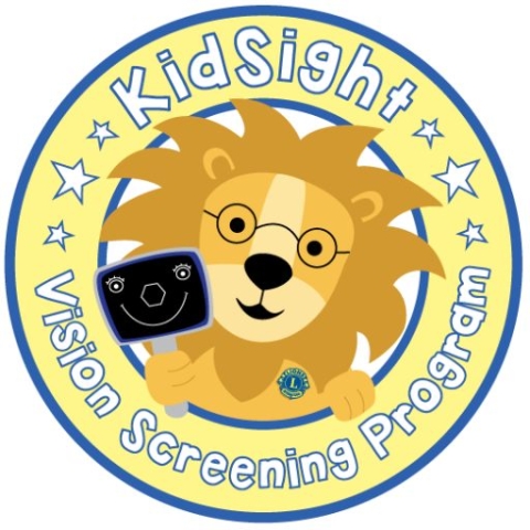 KidSight logo is a cartoon lion with spectacles holding a vision screener inside a circle with the words "KidSight Vision Screening Program" on the outside of the circle.