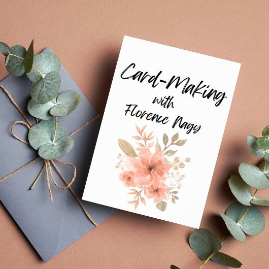 Greeting card with name of program on front, sprigs of greenery on either side