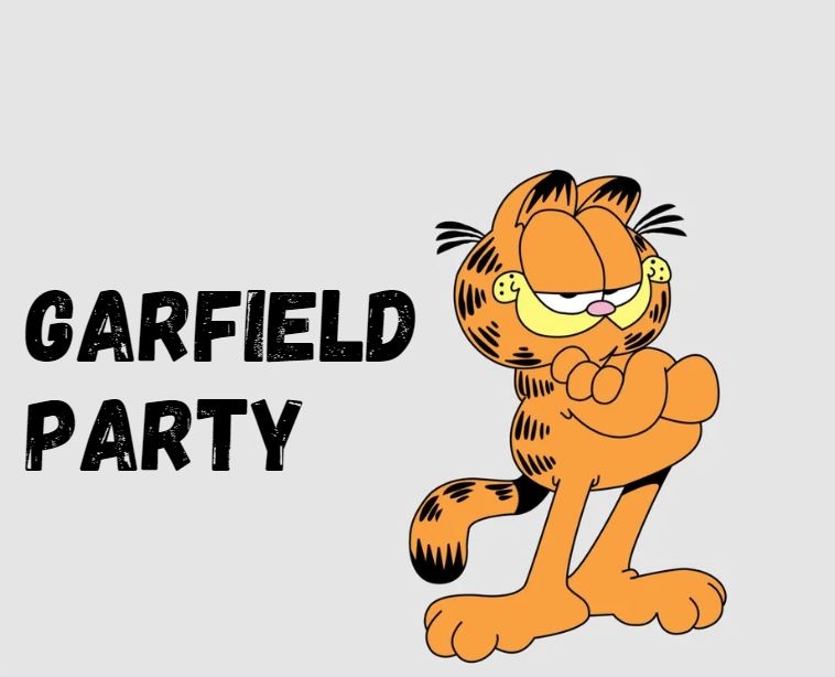 the character Garfield standing next to the words "Garfield Party". 