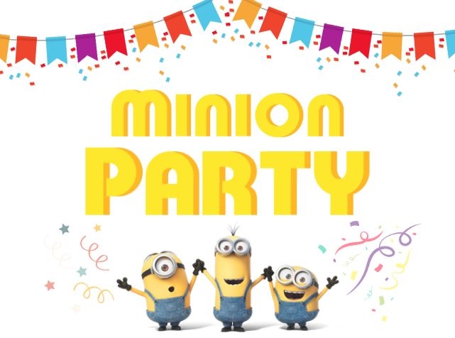 Minion characters beneath the text "Minion Party" with confetti and streamers. 