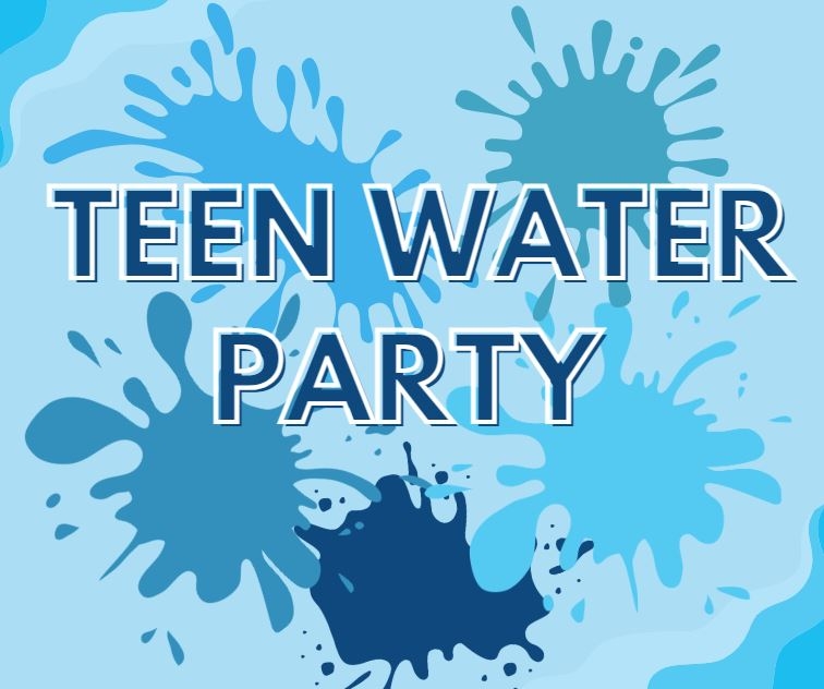 Text "Teen Water Party" with splashing graphics behind. 