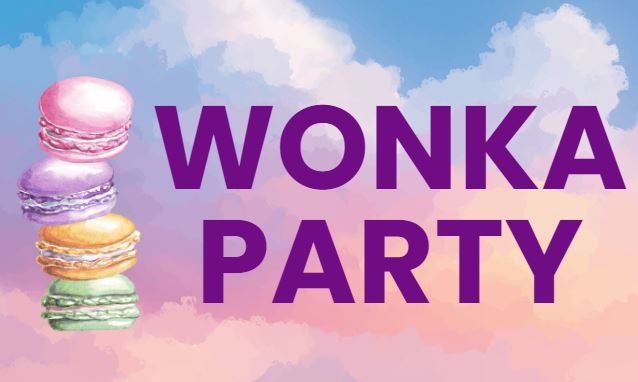 "Wonka Party" text with macaron graphic and colorful cloud background. 