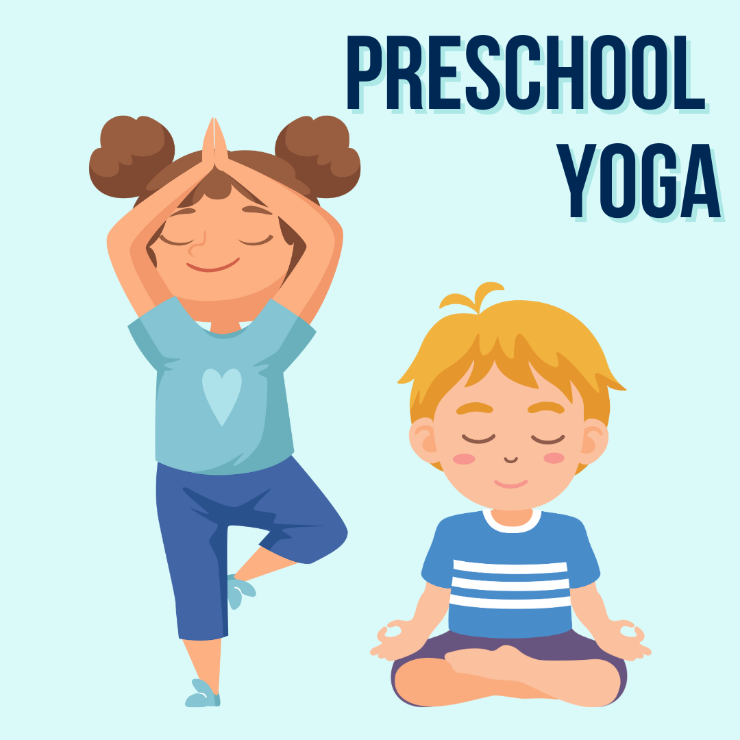 A graphic of children in yoga poses with the text 'Preschool Yoga'. 