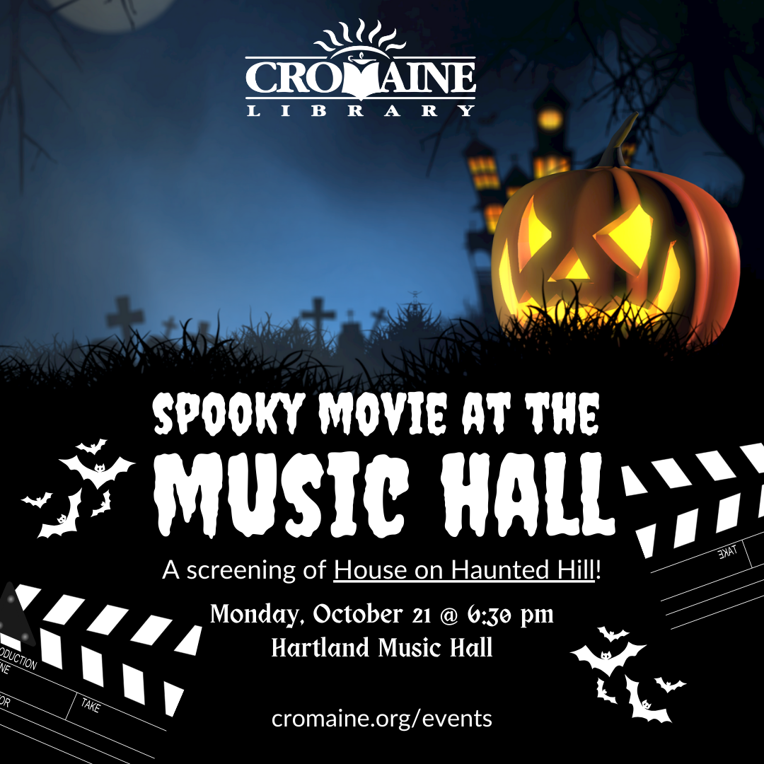 A flyer for Spooky Movie at the Music Hall, with a dark blue background and a Jack O' Lantern. 