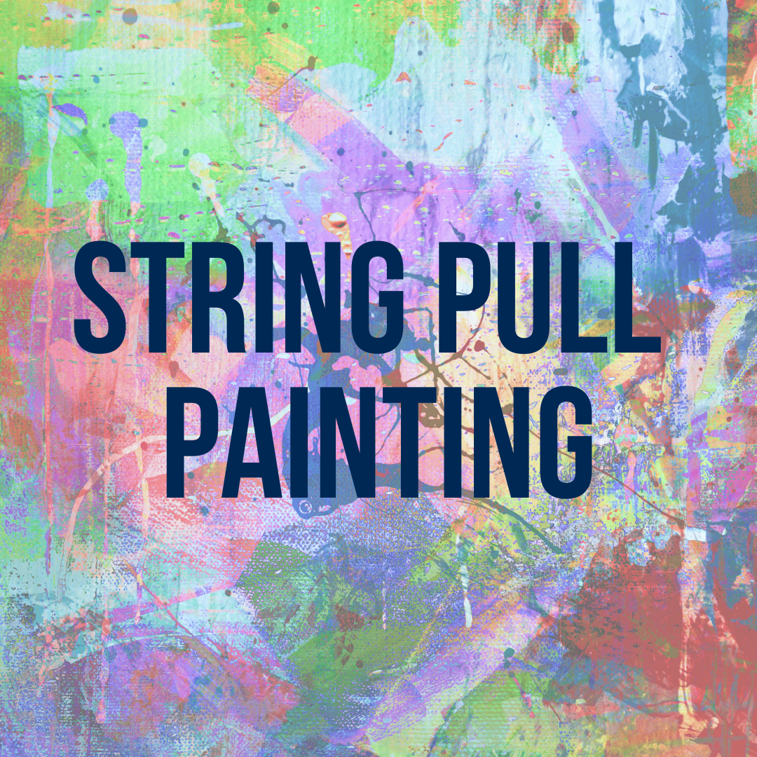 Text "String Pull Painting" in front of colorful, abstract painted patterns. 