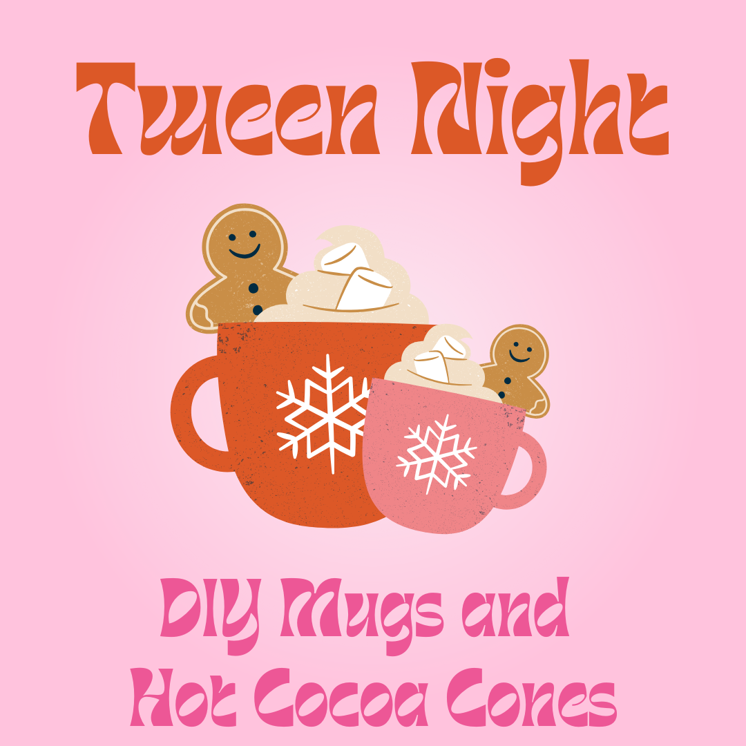 Red and pink cocoa mugs with gingerbread people, whipped cream, and marshmallows sticking out of each mug. 