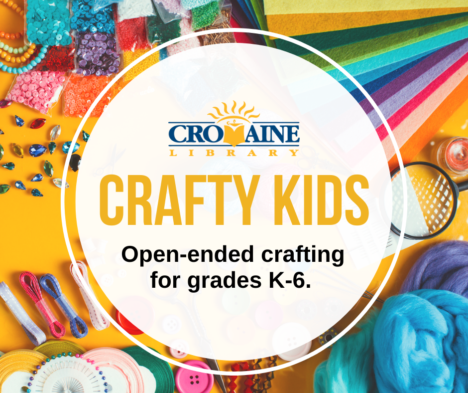 Cromaine Logo and text reading "Crafty Kids" in a white circle, with a background consisting of various crafting supplies. 