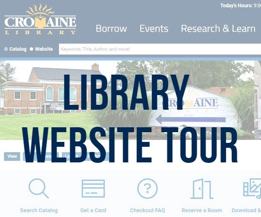 Text "Library Website Tour" over a transparent image of the homepage of Cromaine's website. 