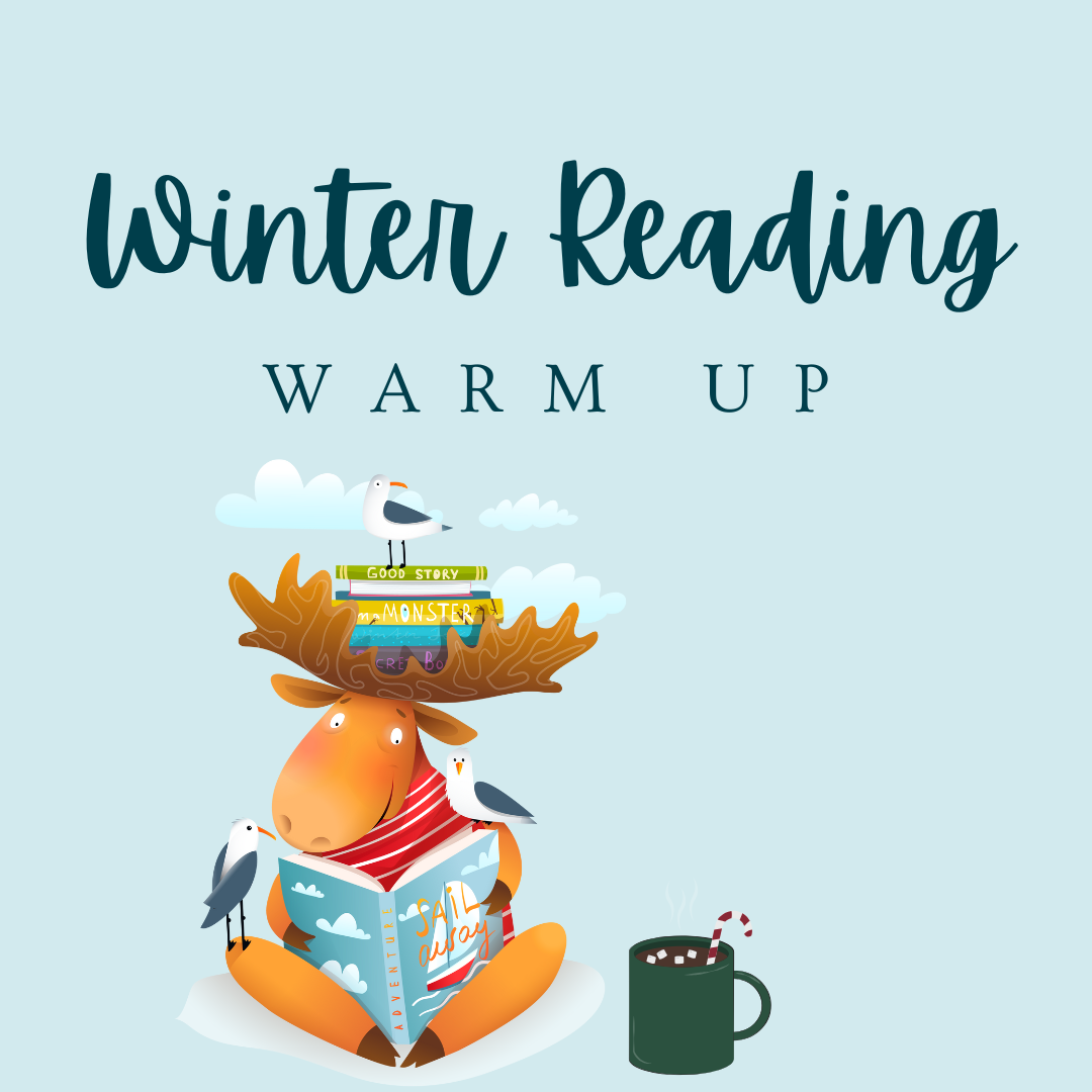 Winter reading graphic of a moose reading, with a mug of hot cocoa. 