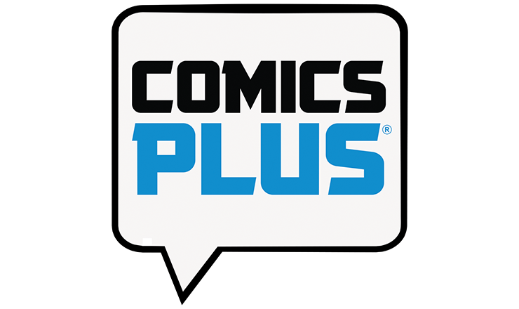 Comics Plus logo in blue and black. 